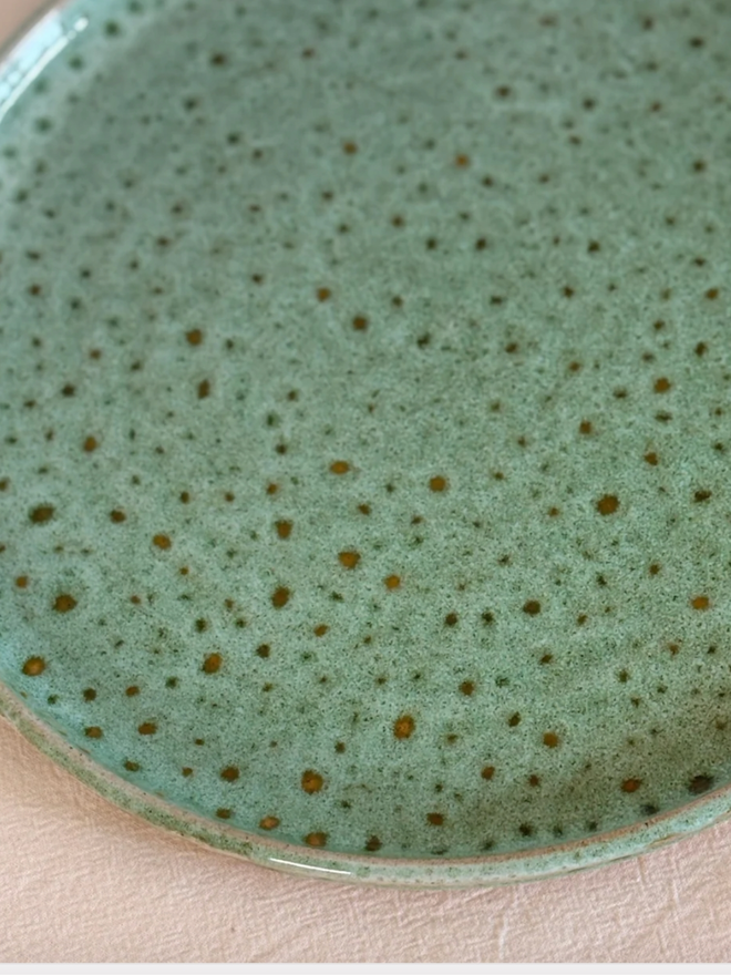 Dinner Plate. A close up view of a green and speckled plate.