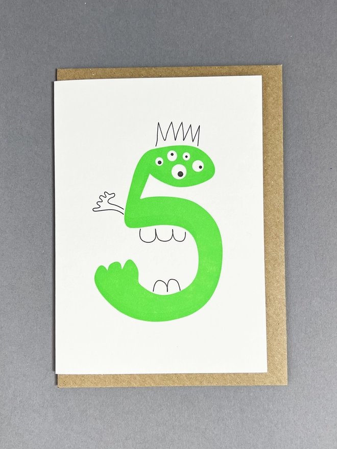 Letterpress printed neon green number five card with envelope for chidren's birthday