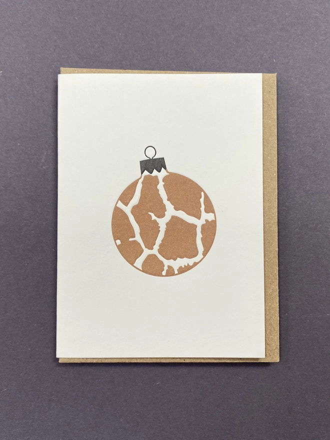 Letterpress printed Metallic bronze giraffe animal print bauble on small card with envelope