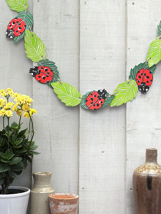 'Lucky Ladybird' Garland Hand Printed Nature Linocut Decor