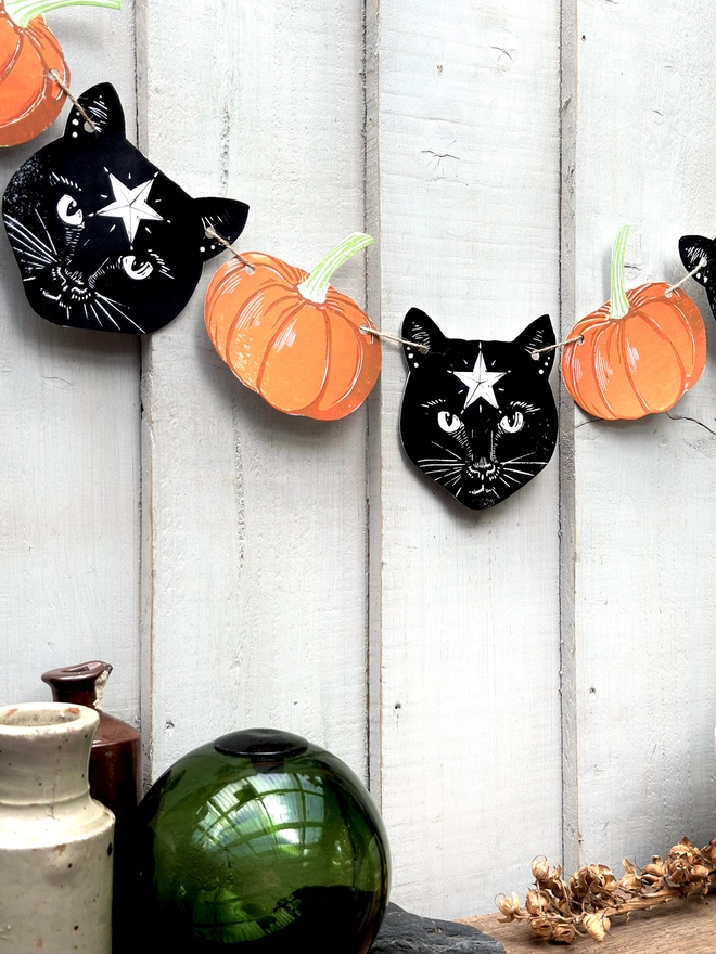 Black Cosmic Cat & Pumpkin Halloween Linocut Garland