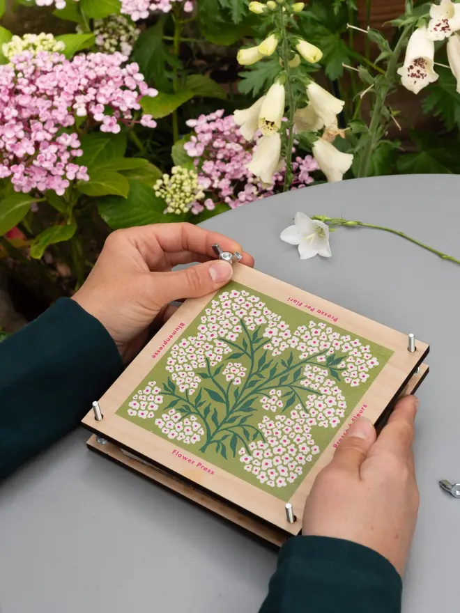 forget me not flower press, in use on an outdoor table, showing the front/cover of the press- a white and green floral design