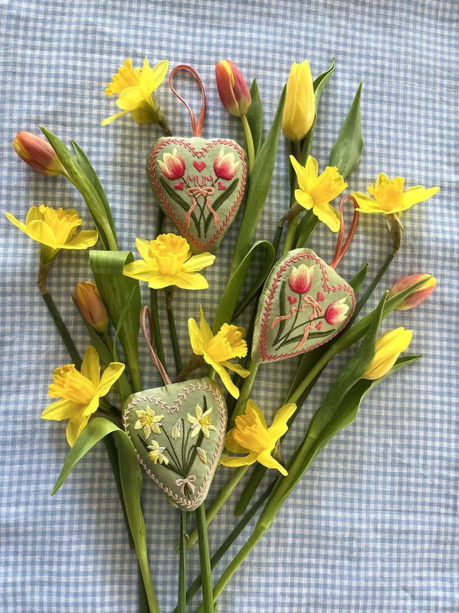 tulip daffodil silk embroidered heart ornaments pink peach green yellow orange thread, green silk, velvet ribbon stuffed ornament decoration