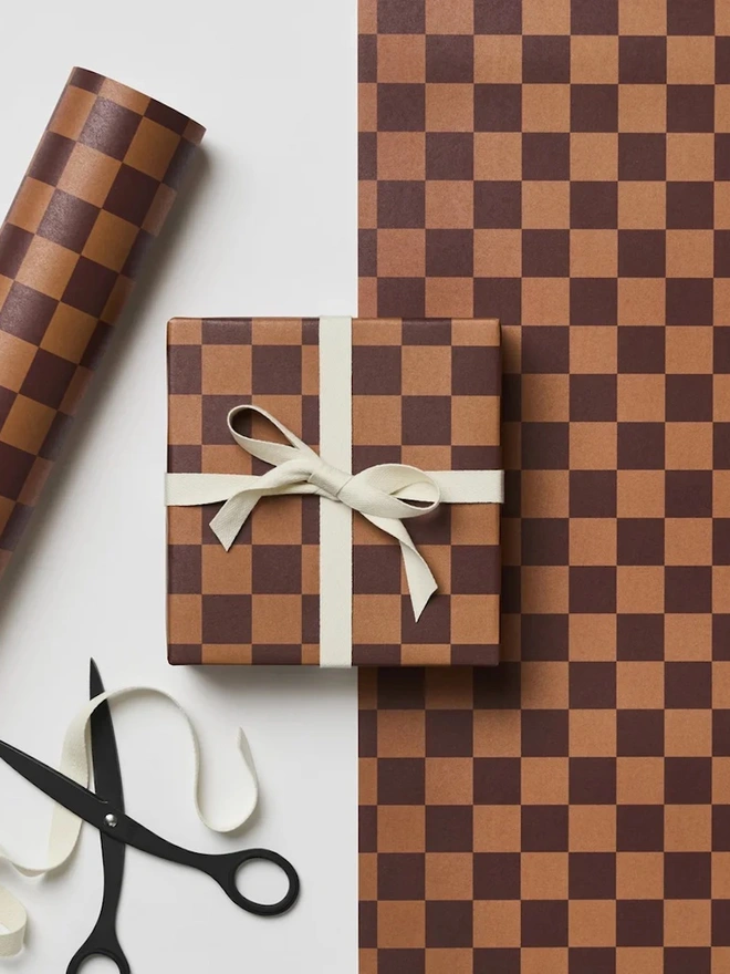 Cinnamon & Dark Brown Chequerboard Gift  Gift Wrapping Paper
