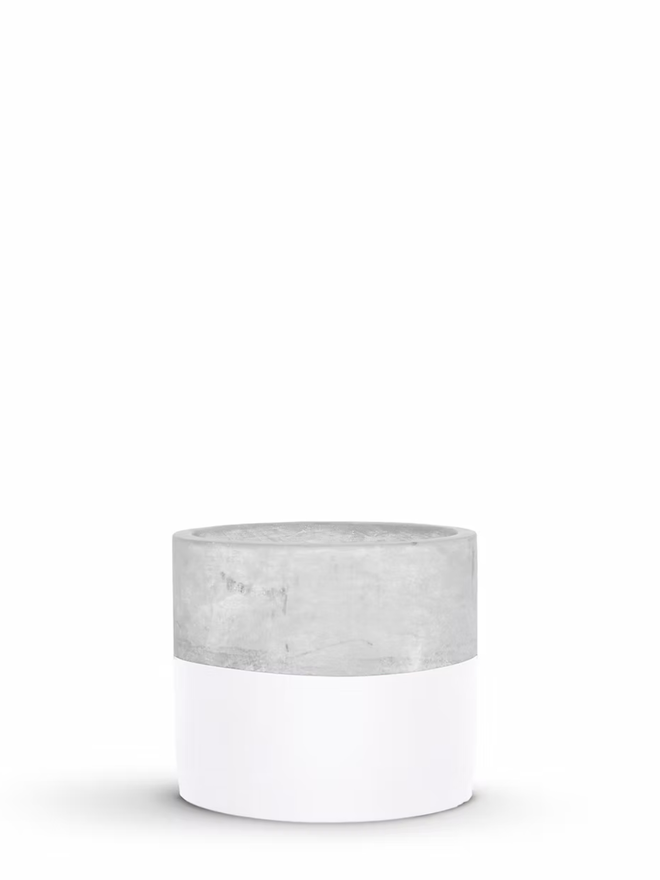 half full concrete plant pot. a grey concrete plant pot with the bottom half painted white.