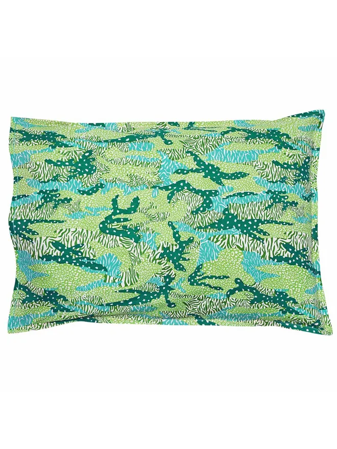 Green Big Cat Camo Duvet Cover And Pillowcase, a green pillowcase sitting on a white backdrop.
