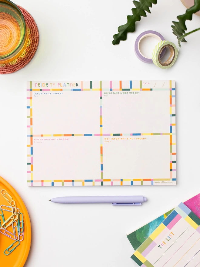 Raspberry Blossom priority planner tear-off pad with colourful rainbow check design