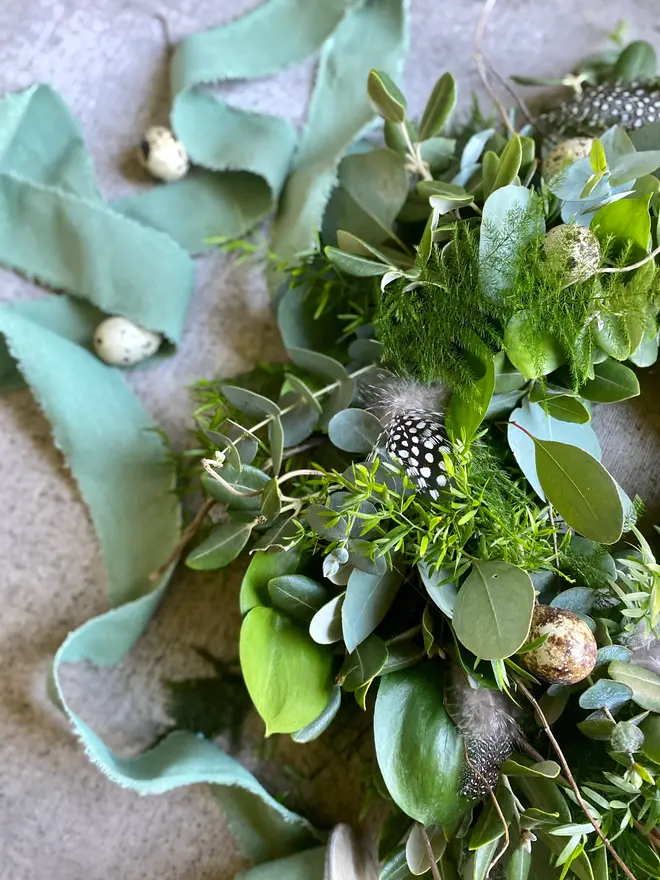 Spring Foliage Wreath with Quail Eggs & Feathers