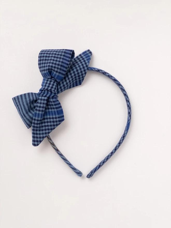 Blue Gingham Alice Band for girls handmade by Runaround Retro