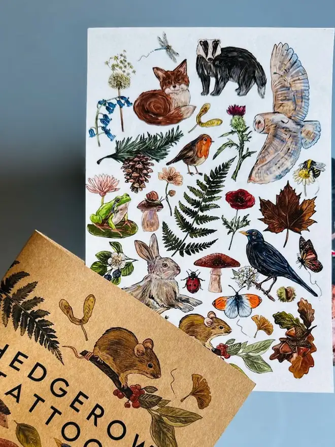 Nature Botanical Temporary Tattoos,  a brown kraft paper booklet titled "HEDGEROW TATTOOS" featuring various colourful botanical illustrations.