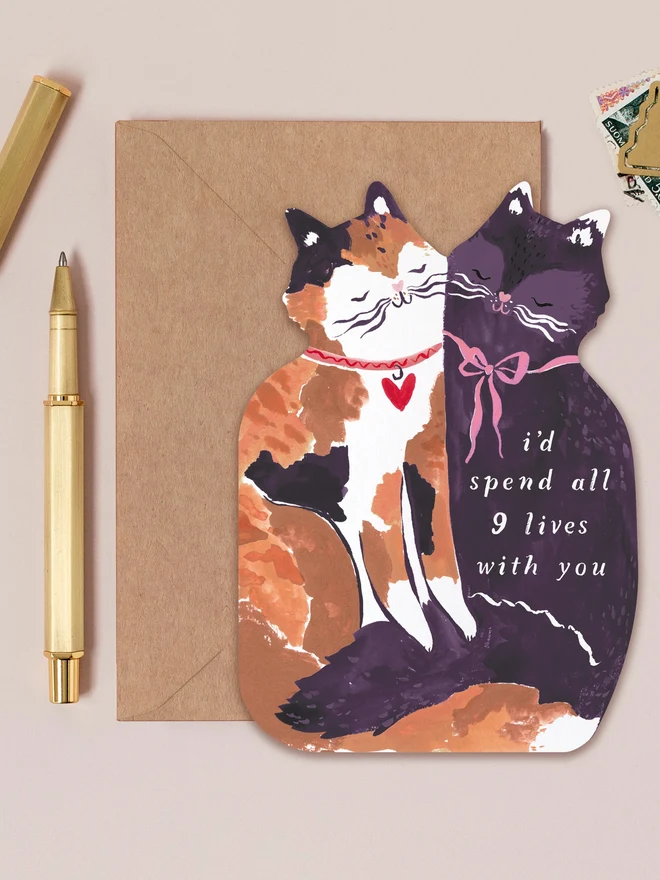 Nine Lives Cats Card by Sister Paper Co with a kraft envelope