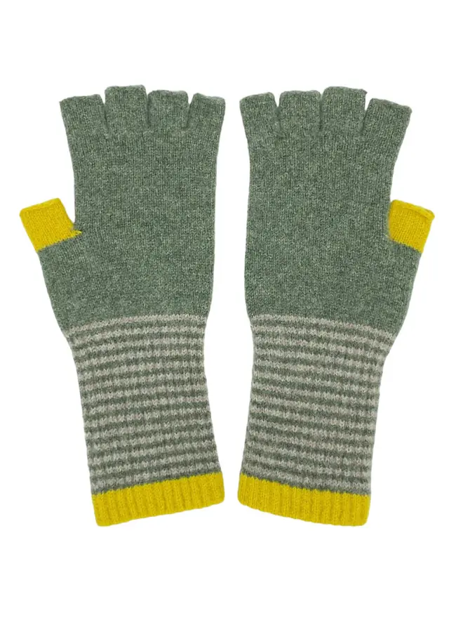 Women's Lambswool Fingerless Gloves, a pair of colourful fingerless gloves sitting on a plain white surface. 