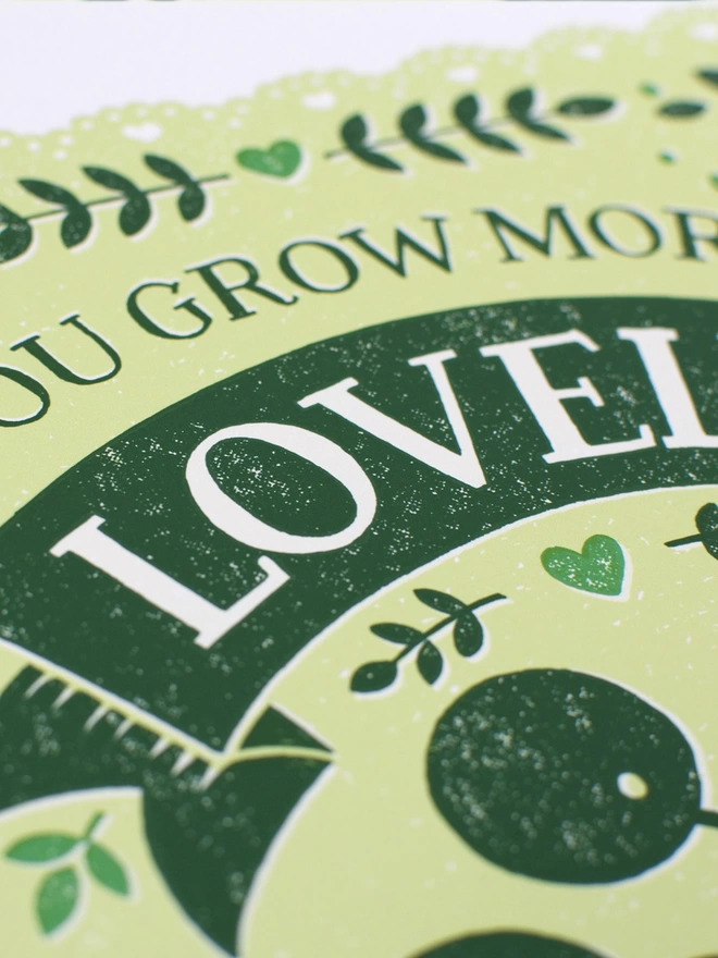 detail of the word lovely in green with print textures
