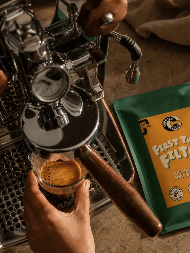 First Thing Filter. A bag of coffee from Counter Coffee.