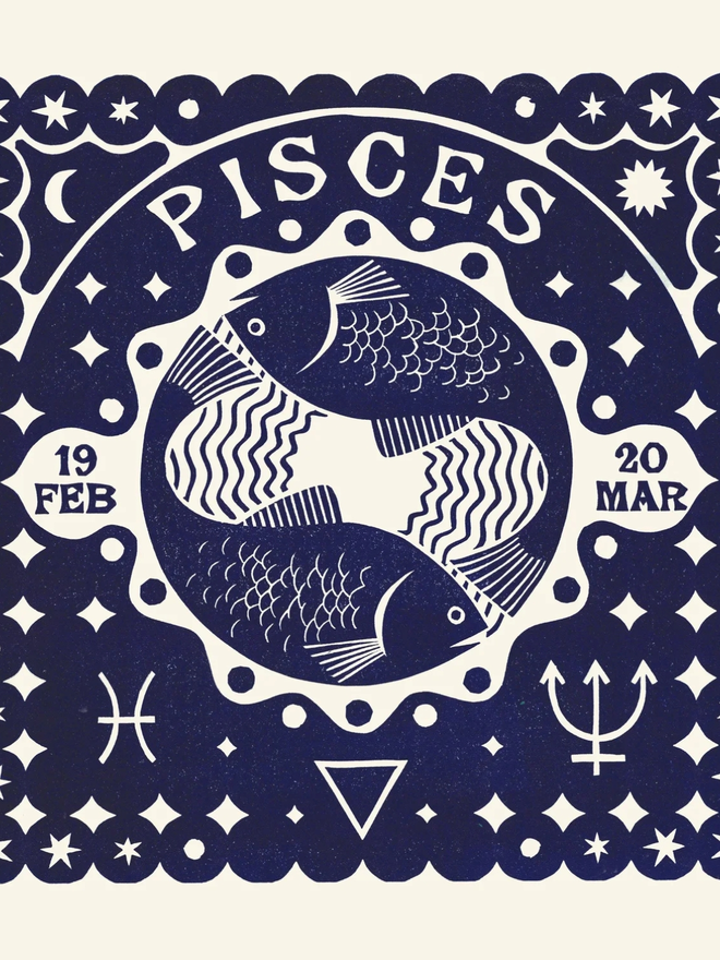 pisces zodiac linocut. linocut fish and zodiac symbols printed on a blue background.