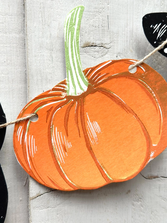 Black Cosmic Cat & Pumpkin Halloween Linocut Garland