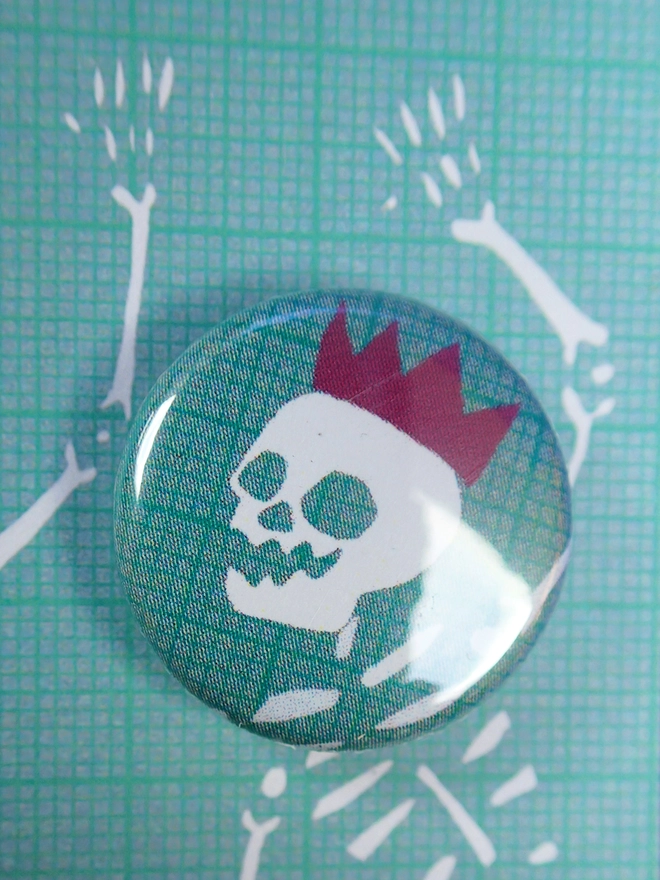 Skeleton Skull Pin Badge on a Greeting Card