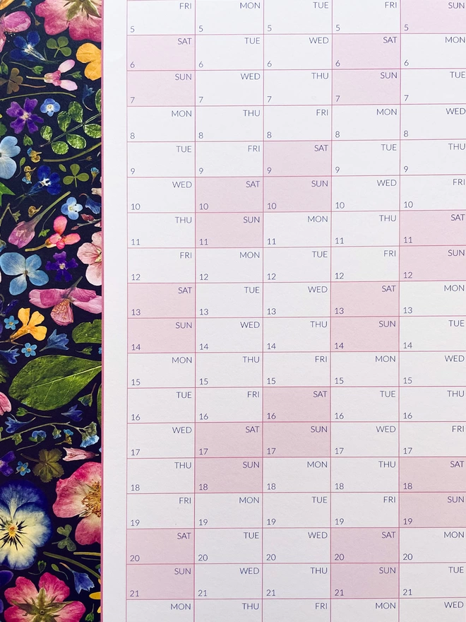 Close up of the detail on a nature-inspired Wall Planner with Pressed Flower Border