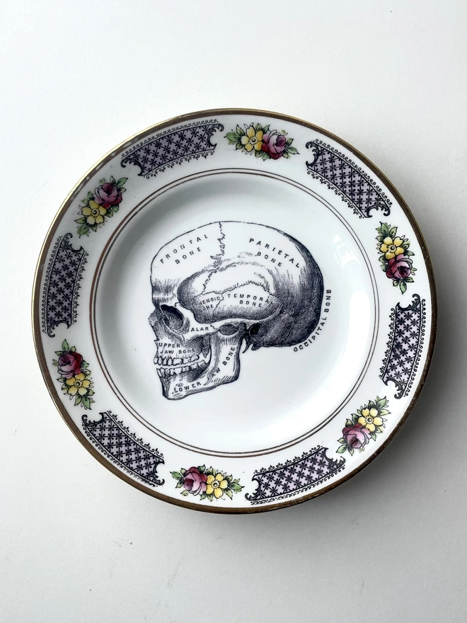 an ornate vintage plate with the image of a skull in the centre