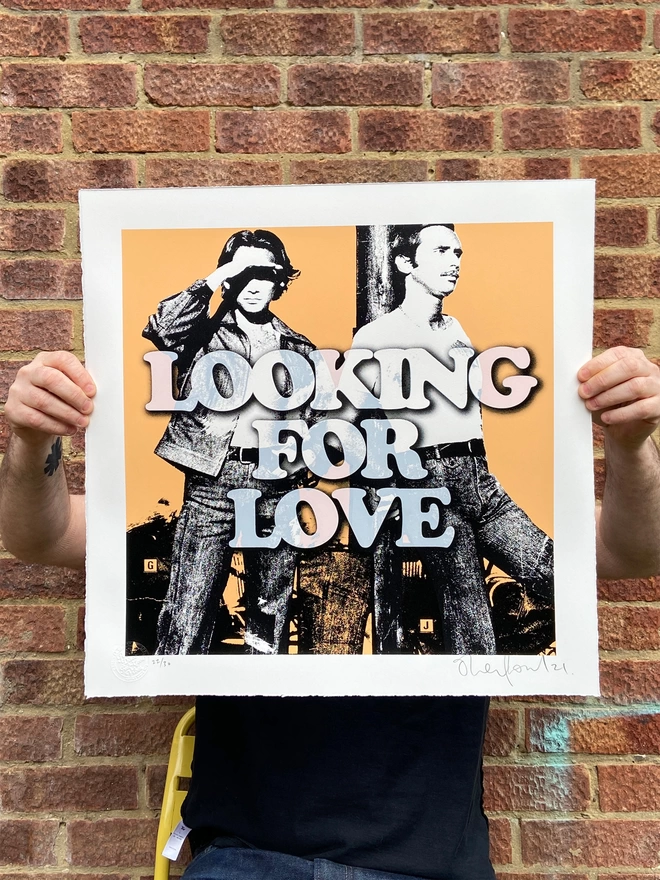 "Looking For Love" Deckled Edge Hand Pulled Screen Print depicting two guys looking out for love on the background with the words looking for love printed on top 