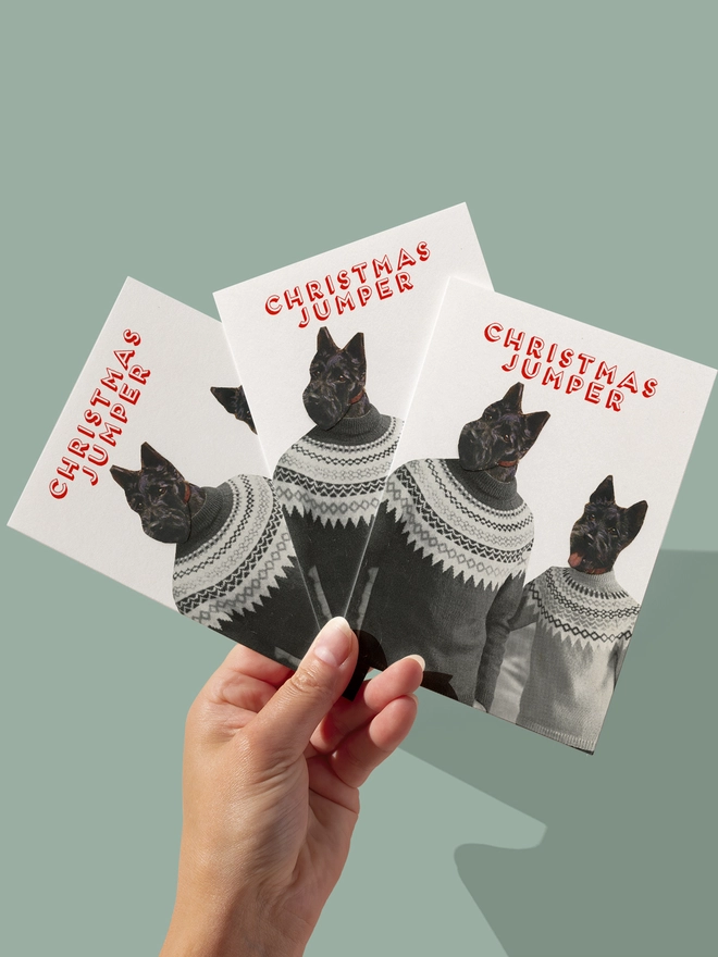 A funny dog card featuring two Scottish Terriers wearing Fairisle Christmas jumpers.