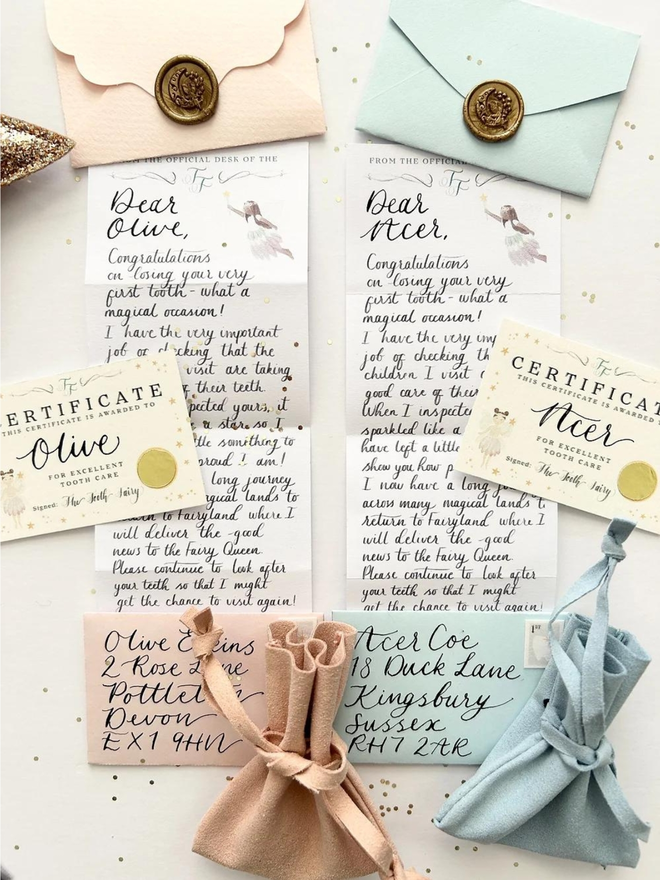 personalised kids' tooth fairy letters with pouches