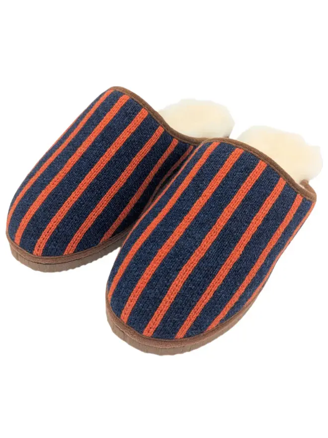 Women's Lambswool & Sheepskin Slippers, a pair of colourful slippers sitting on a white plain surface. 
