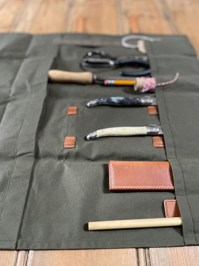 Waxed cotton tool roll