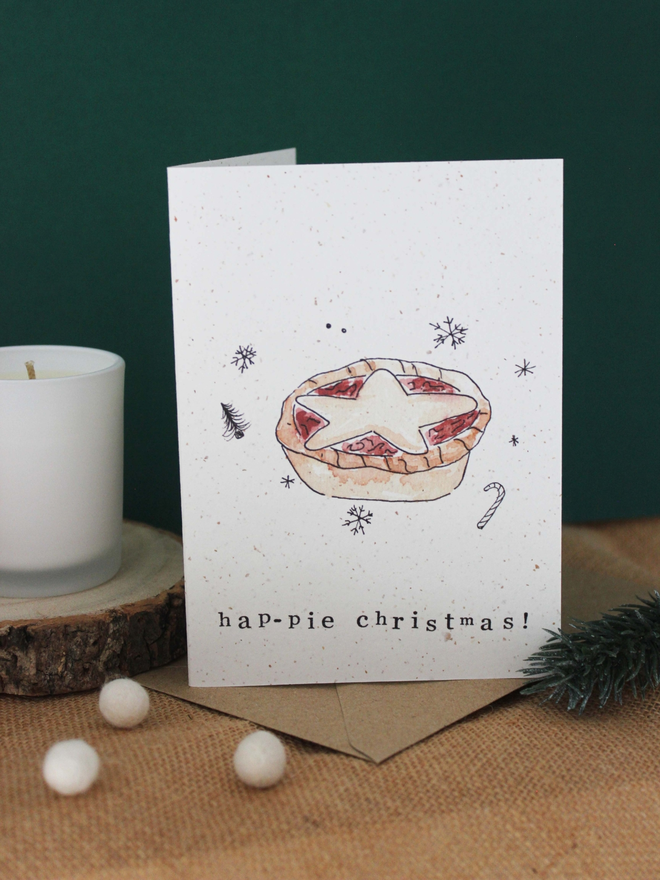 'Hap-Pie Christmas' Card being displayed on shelf