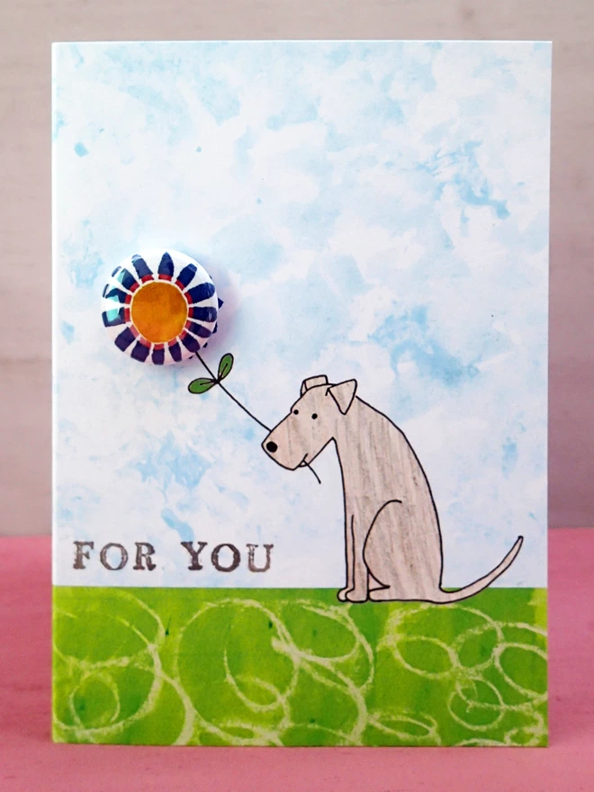 For you dog greeting card with flower pin badge