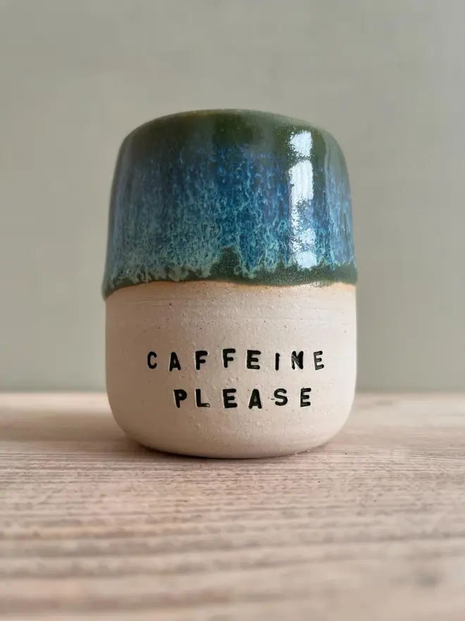 'Caffeine Please' Ceramic Travel Cup Green Granite glaze