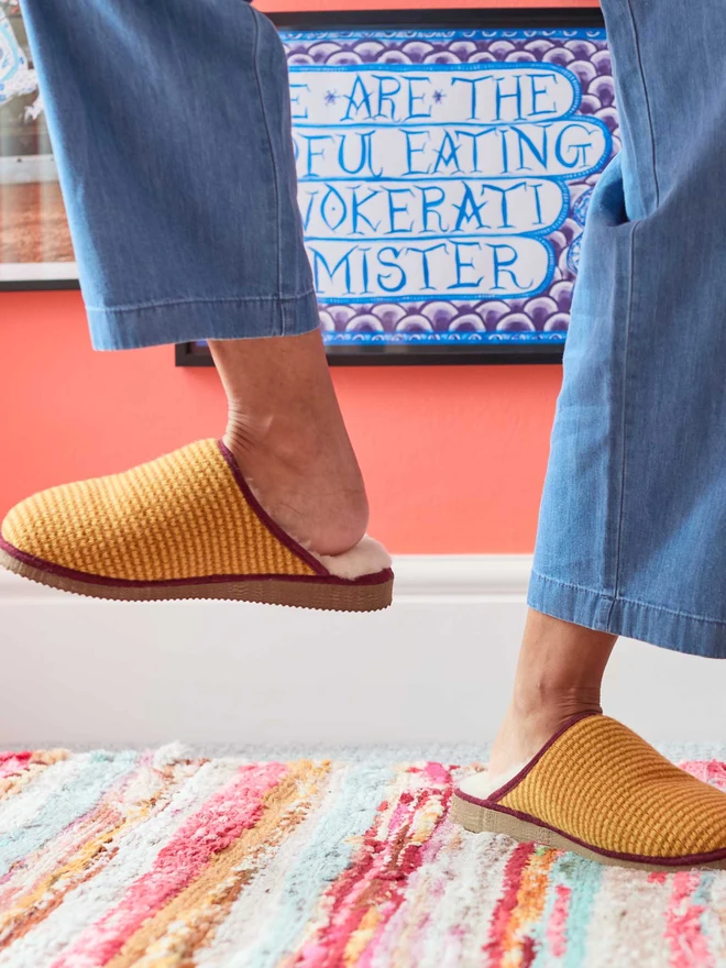 Lambswool & Sheepskin Slippers, a pair of colourful lambswool and sheepskin slippers sitting modelled in front of a colourful wall. 