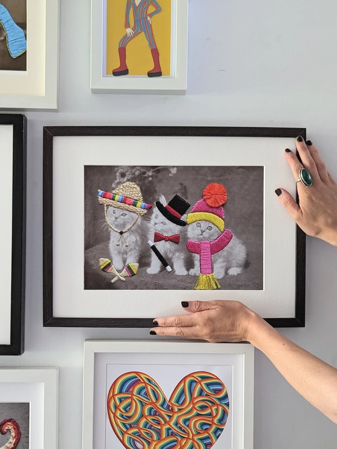 B&W print, 3 cats in embroidered sombrero, top hat and bobble hat, framed held on wall