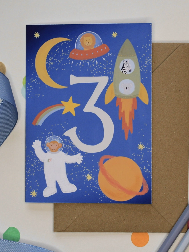 boys blue 3rd birthday card with animal  space rocket illustration