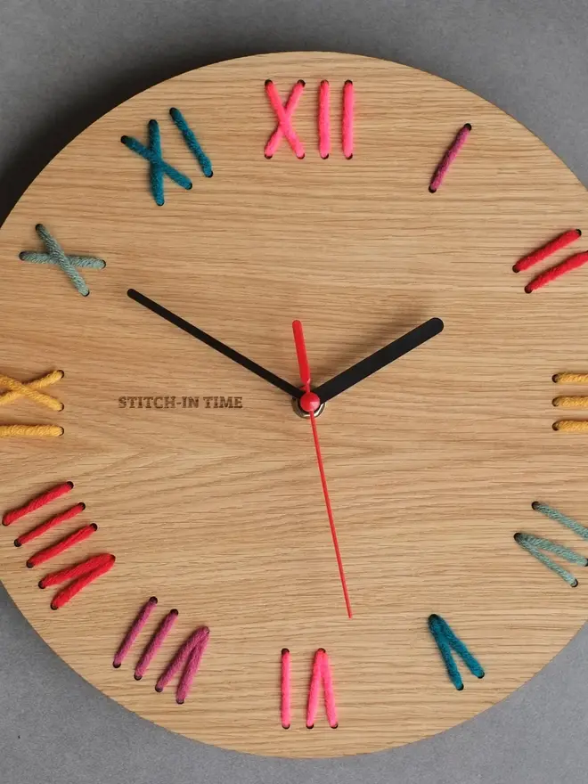 oak clock kit with multi coloured stitched letters