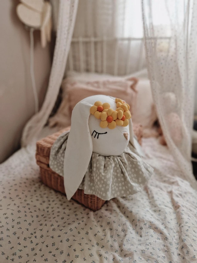 Rabbit Head Wall Mount, a cotton rabbit head wall decoration in a child's bedroom accompanied by other bedroom accessories. 