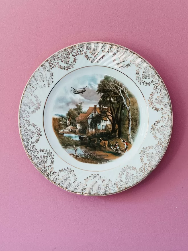 Chinnock Hand Printed Vintage China Plate (Large) seen on a pink wall.