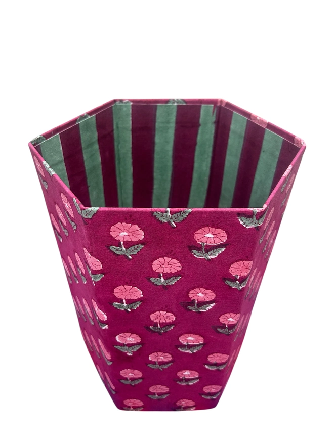 Plum Red Hand block Printed waste paper bins foldable & come flat packed, handcrafted from 100% recycled cardboard by The Charpoy on a white back ground