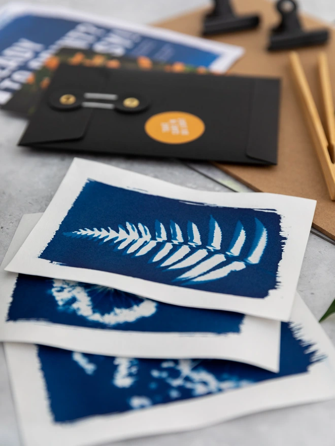 three cyanotype prints laid out next to a black envelope and printing kit contents.