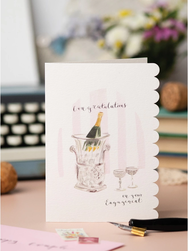 Champagne Engagement Card showing Scallop Edge Detail 