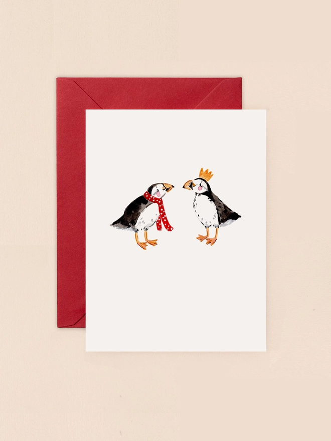 Two Christmas Puffins Mini Christmas Card