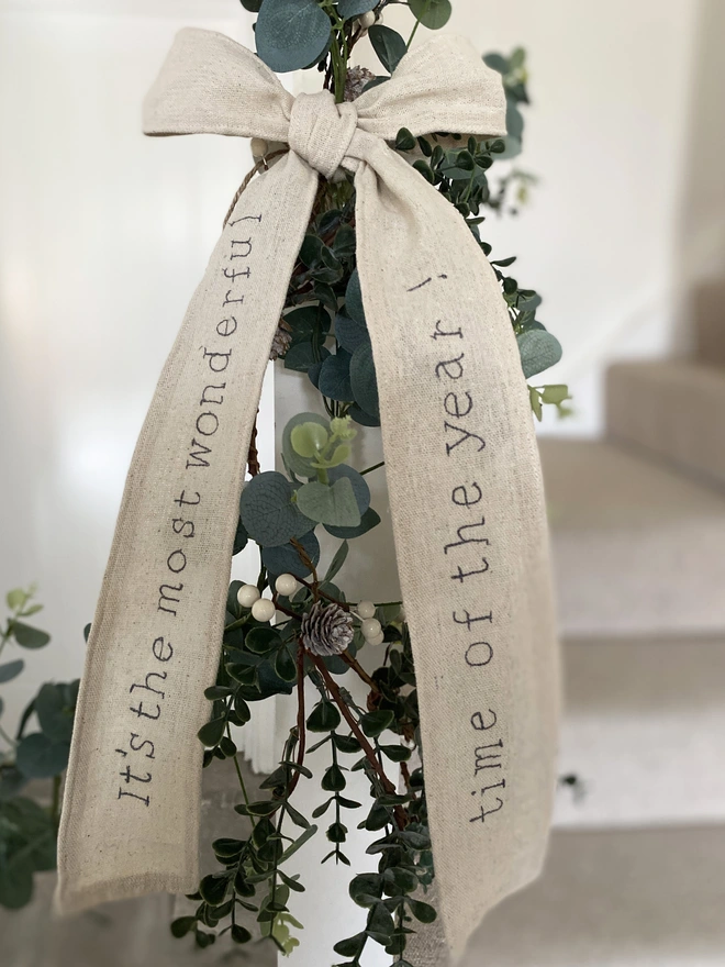 Christmas Embroidered Personalised Wired Linen Ribbon