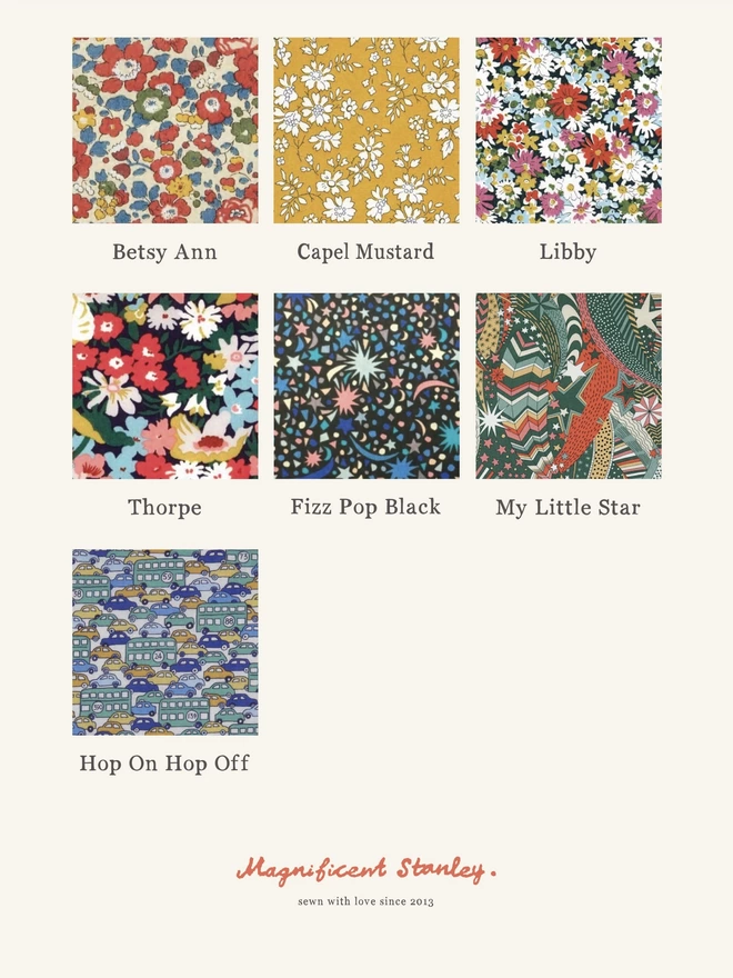 9 Liberty print swatches to choose from.