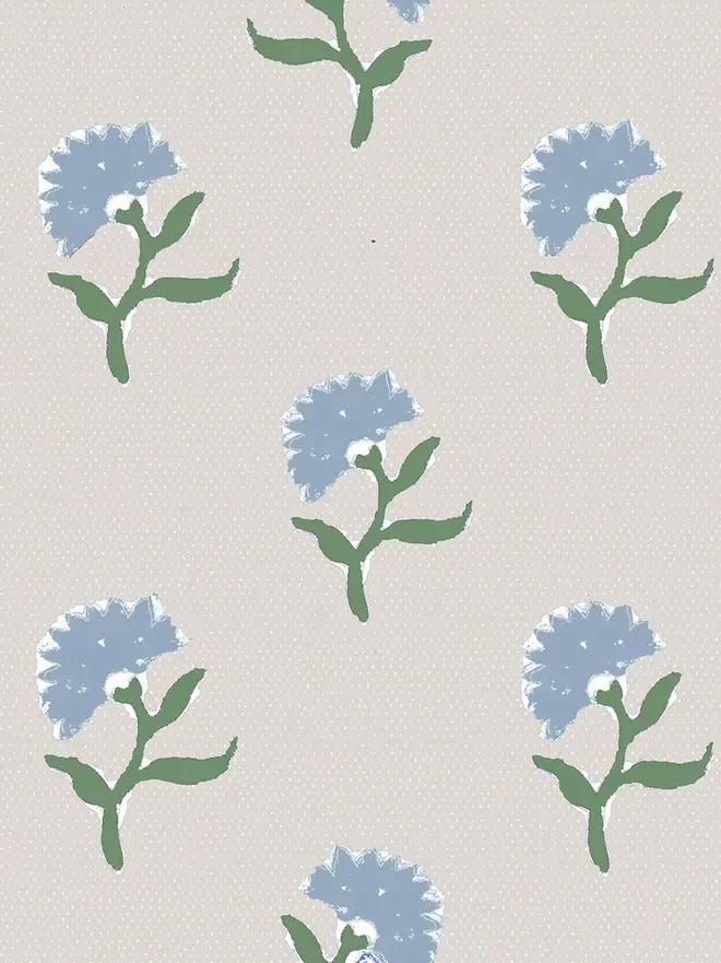 emilie illustrated floral wallpaper. a beige background wallpaper patterned with small blue flowers.