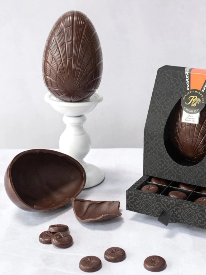 Dark chocolate button egg, displayed egg