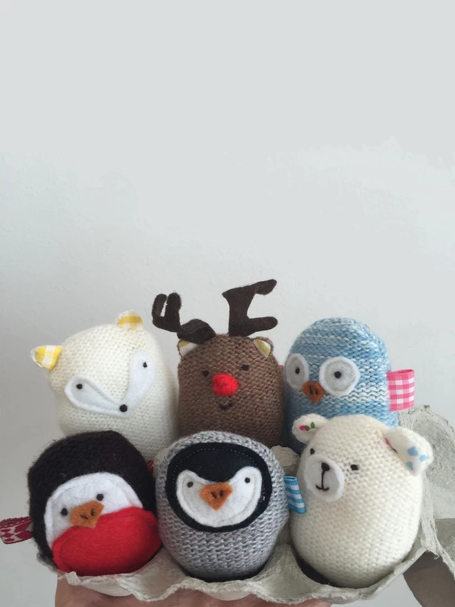 Knitted Animals in Egg Box