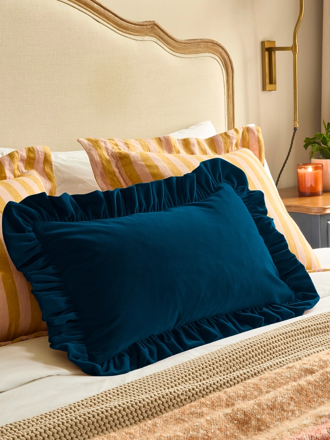 Kika Bespoke ruffled velvet cushion ruffle detail in teal. 