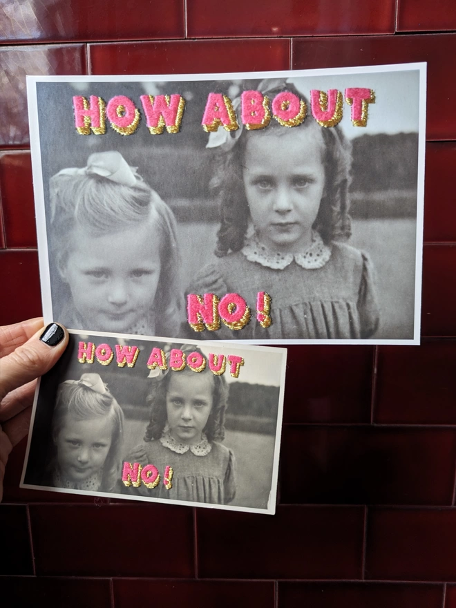 Original How about no! embroidered photo and print version