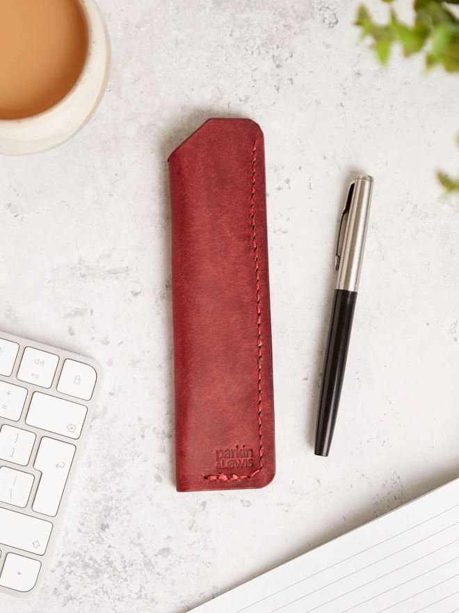 Red leather pen holder