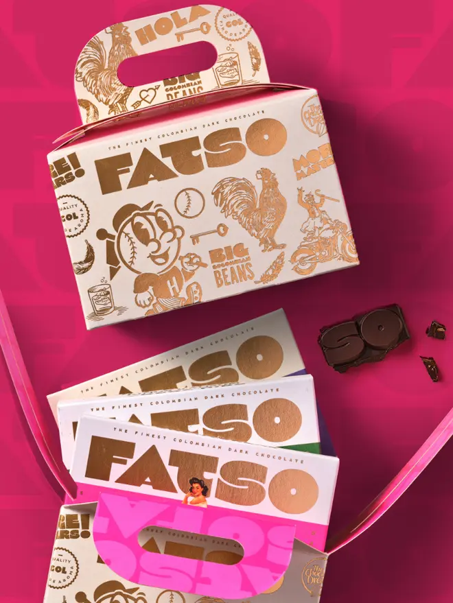 FATSO Chocolate Feast 2.0 (Set of 3), a feast of three bars sitting in their packaging in front of a pin backdrop